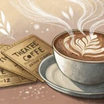 Steaming coffee cup and theatre tickets with mask icons on a cafe table, illustrating a Korean learn...