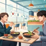Two Korean colleagues discuss work goals over bibimbap lunch, illustrating a Korean conversation abo...