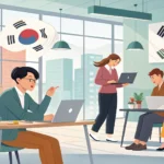 Illustration showing diverse professionals in a modern Korean office, representing the concept of di...