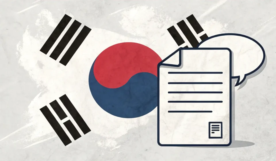 Illustration symbolizing Korean document translation: a document icon with arrows connecting the Sou...