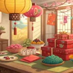 A colorful illustration depicting a traditional Korean Doljanchi first birthday celebration table se...