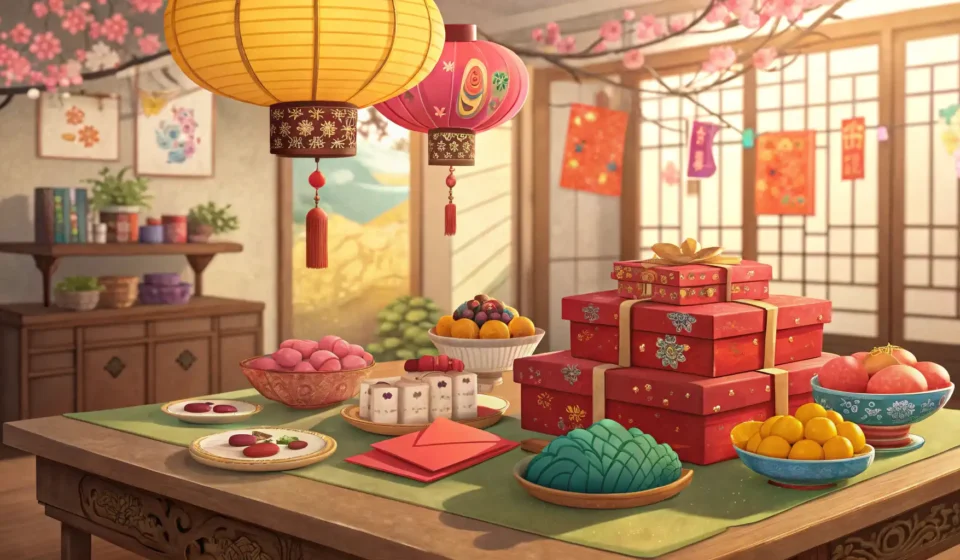 A colorful illustration depicting a traditional Korean Doljanchi first birthday celebration table se...