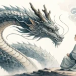 Stylized Korean ink painting of an East Asian dragon facing a human figure in hanbok holding a gayag...