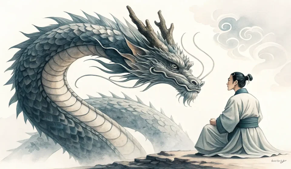 Stylized Korean ink painting of an East Asian dragon facing a human figure in hanbok holding a gayag...