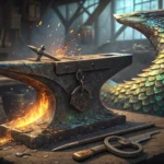 A fantasy illustration depicting a glowing dragon scale and steel shield piece on a blacksmith's anv...