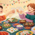 Illustration depicting a cheerful Korean drinking scene: hands clinking small soju glasses above a t...