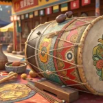 A traditional Korean Janggu drum displayed at a market, with a hand gesturing towards it, symbolizin...