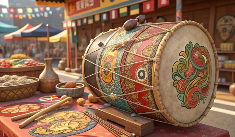 A traditional Korean Janggu drum displayed at a market, with a hand gesturing towards it, symbolizin...