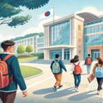 Stylized illustration depicting students approaching the entrance of a modern Korean university buil...