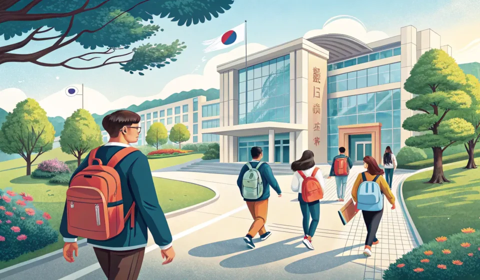 Stylized illustration depicting students approaching the entrance of a modern Korean university buil...