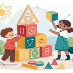 Illustration of colorful educational blocks and learning materials arranged on a desk, representing...