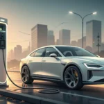Modern electric car charging with the Seoul, South Korea skyline in the background, representing lea...