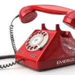 A red emergency phone receiver symbolizing communication during urgent situations, set against a blu...