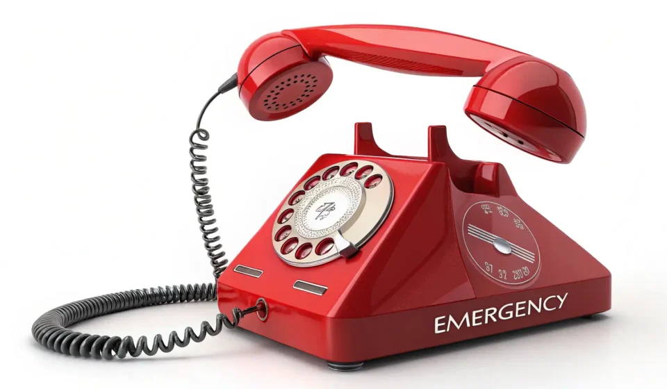 A red emergency phone receiver symbolizing communication during urgent situations, set against a blu...
