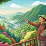 Illustration of two friends overlooking a scenic Korean mountain valley, symbolizing encouragement a...