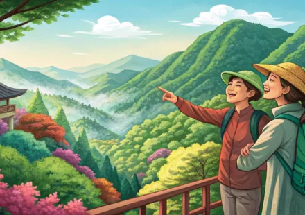 Illustration of two friends overlooking a scenic Korean mountain valley, symbolizing encouragement a...