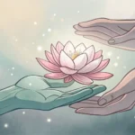 Hands gently holding a lotus flower, symbolizing care and health, with a traditional Korean window i...