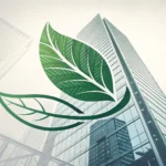 Stylized green leaf merging with a modern Korean building silhouette, symbolizing learning about ene...