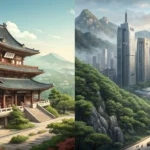 Split illustration contrasting a peaceful Korean temple landscape with industrial pollution, represe...