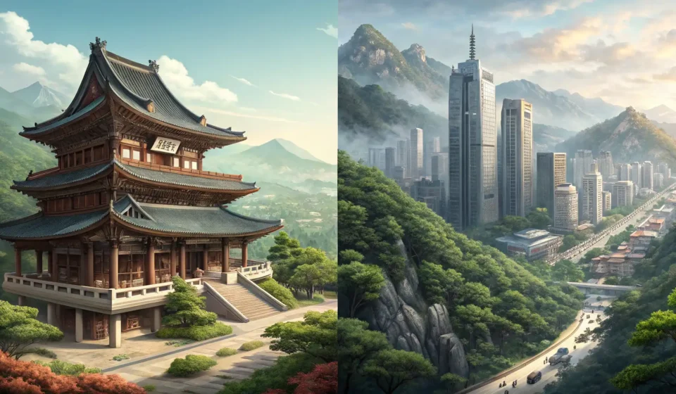Split illustration contrasting a peaceful Korean temple landscape with industrial pollution, represe...
