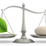 Symbolic image for learning 'Environmental Impact Assessment' in Korean, showing a balance scale wei...