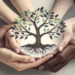 Diverse hands holding a glowing seedling graphic symbolizing employee stock growth, representing the...