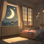 Illustration of a peaceful child's bedroom at night with subtle Korean decor, symbolizing explaining...