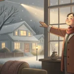 Korean parent inside explaining the danger of a storm outside the window to a young child, highlight...