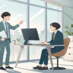 Two colleagues in a modern Korean office setting, one explaining a process on a tablet to a slightly...