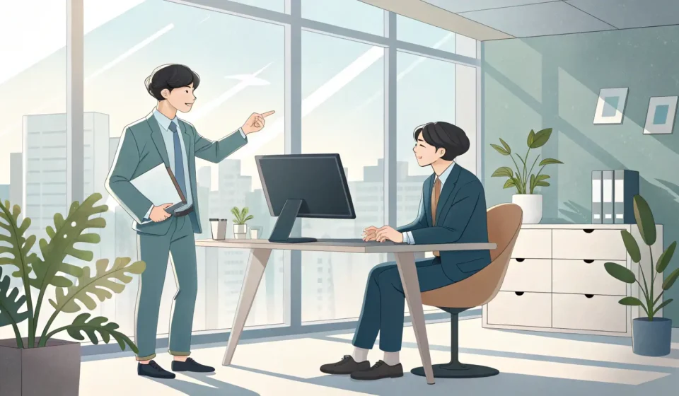 Two colleagues in a modern Korean office setting, one explaining a process on a tablet to a slightly...