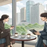 Two colleagues discuss a work matter during a coffee break in a modern Korean office setting, illust...