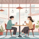 Two colleagues discussing work goals over coffee in a modern Korean cafe, one explaining a chart on...