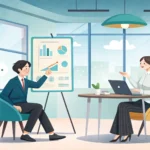 Two Korean colleagues in a business meeting collaboratively discuss a new goal represented by a targ...