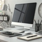A clean illustration of a Korean office desk with a phone and a clock, symbolizing the concept of ex...