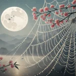Stylized spider web with dew drops under moonlight, framed by a subtle Korean pattern border, symbol...