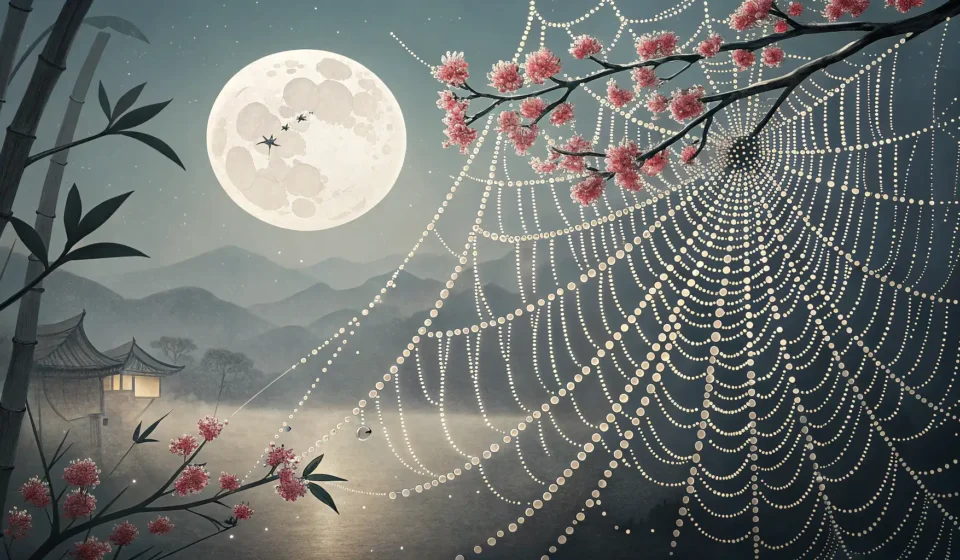 Stylized spider web with dew drops under moonlight, framed by a subtle Korean pattern border, symbol...