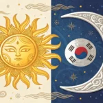 Stylized Korean art showing sun and moon motifs, representing the contrast of light and darkness for...