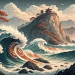 Stylized Korean-style waves crash against rocks, with a mystical light glowing from the water, repre...