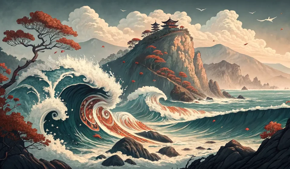 Stylized Korean-style waves crash against rocks, with a mystical light glowing from the water, repre...