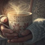 Hands gently holding a warm, steaming Korean celadon-style mug, evoking comfort and relief for a Kor...