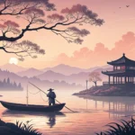 Stylized illustration of a traditional Korean fisherman casting a net from a boat onto a serene rive...