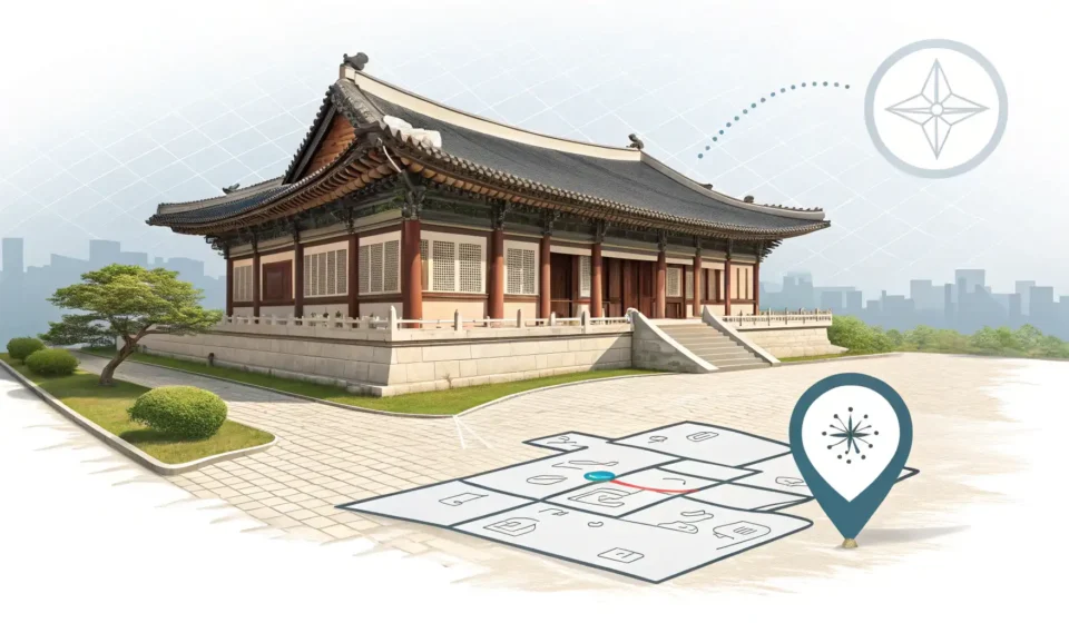 Illustration symbolizing expropriation compensation in Korea, showing a Korean building plot on a ma...