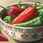 Small traditional Korean bowl filled with fresh red and green gochu (Korean chili peppers) on a wood...
