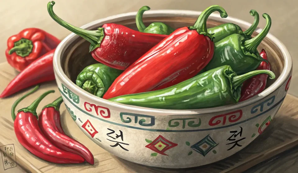 Small traditional Korean bowl filled with fresh red and green gochu (Korean chili peppers) on a wood...
