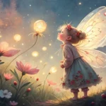 Illustration of a small fairy tailor looking up at a large, gentle giant amidst misty Korean mountai...