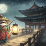 Illustration of a Korean Dokkaebi and a fairy negotiating on a traditional Korean bridge, with the f...