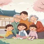 Illustration of a smiling multi-generational Korean family, representing the topic of introducing fa...
