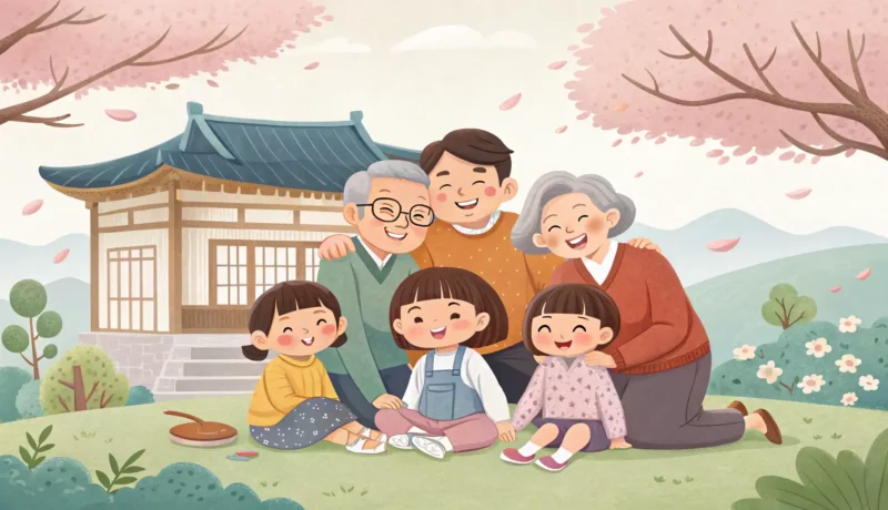 Illustration of a smiling multi-generational Korean family, representing the topic of introducing fa...