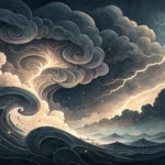 Abstract Korean ink wash illustration symbolizing forging thunder into chains, featuring storm cloud...