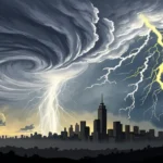 Stylized image of dramatic storm clouds and lightning over Korean mountains, representing the challe...
